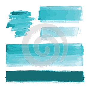 Turquoise, light blue watercolor shapes, splotches, stains, paint brush strokes. Abstract watercolor texture backgrounds set.