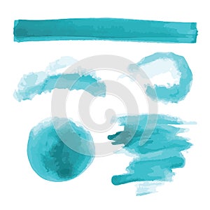 Turquoise, light blue watercolor shapes, splotches, stains, paint brush strokes. Abstract watercolor texture backgrounds set.