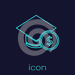 Turquoise line Graduation cap and coin icon isolated on blue background. Education and money. Concept of scholarship