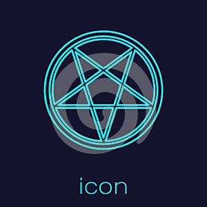 Turquoise line Pentagram in a circle icon isolated on blue background. Magic occult star symbol. Vector Illustration