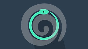 Turquoise Magic symbol of Ouroboros icon isolated on blue background. Snake biting its own tail. Animal and infinity