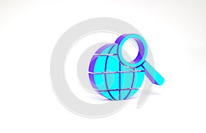 Turquoise Magnifying glass with globe icon isolated on white background. Analyzing the world. Global search sign