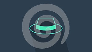 Turquoise Man hat with ribbon icon isolated on blue background. 4K Video motion graphic animation