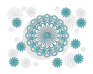 Turquoise mandala with flowers on the white