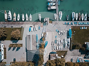 Turquoise marina with many yachts.