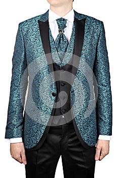 Turquoise mens suit with floral pattern, for wedding or prom