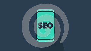 Turquoise Mobile phone SEO optimization concept icon isolated on blue background. 4K Video motion graphic animation