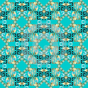 Turquoise modern greek key seamless pattern. Vector floral gold