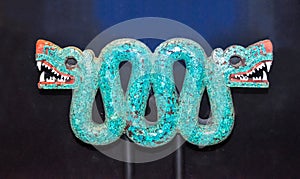 Turquoise mosaic of double-headed serpent from Mexico in British museum, London, UK