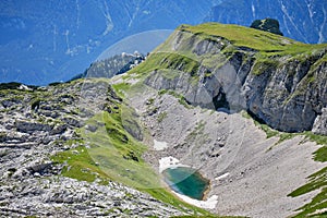 Turquoise mountain lake in Rofan mountains - view towards Rofan Sailbahn and Erfurter hut