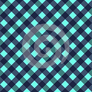 Turquoise Navy Blue Seamless Diagonal French Checkered Pattern. Inclined Colorful Fabric Check Pattern Background. 45 degrees