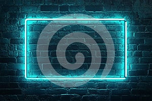 Turquoise Neon Light Frame on Dark Brick Wall Background with Copy Space photo