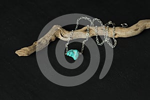 Turquoise nugget on silver chain necklace. A short necklace on a girl made of natural stones Turquoise nugget. Handmade jewelry