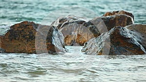 Turquoise Ocean Waves Hitting Rocks Scene