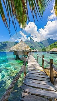 Turquoise ocean with wooden walkway leading to overwater bungalows at tropical resort