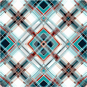 Turquoise And Orange Plaid Pattern: Layered And Symmetrical Art Deco Design