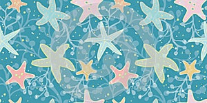 Turquoise pattern with starfish, seaweed and sand.