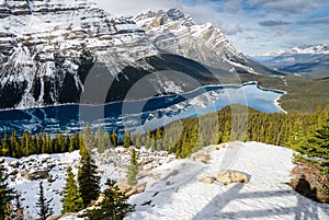 Turquoise Peyto Lake with reflection of Canadian Rocky Mountain in Alberta, Canada. Seen from Bow Summit