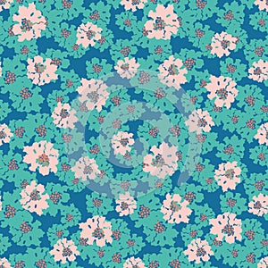 Turquoise and pink flowers on a blue background seamless vector pattern photo