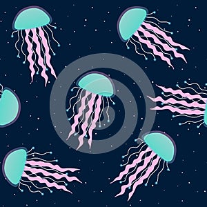 Turquoise and pink jellyfish on a dark blue background seamless pattern underwater sea medusa fluorescent star vector