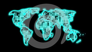 Turquoise pixelated world map with backlight effect around continents on black background. Cg