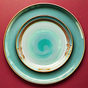 Turquoise plate porcelain with gold border on red table. Empty dishes. Modern utensils. View from above. Top view of empty saucer