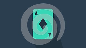 Turquoise Playing card with diamonds symbol icon isolated on blue background. Casino gambling. 4K Video motion graphic