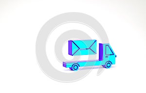 Turquoise Post truck icon isolated on white background. Mail car. Vehicle truck transport with envelope or letter