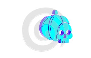 Turquoise Pumpkin and skull icon isolated on white background. Happy Halloween party. Minimalism concept. 3d