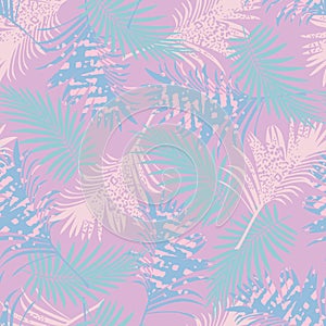 Turquoise purple pink summer seamless pattern with tropical pink black plants on a lilac background.