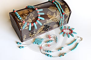 Turquoise and red croal necklaces with antique gift box