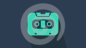 Turquoise Retro audio cassette tape icon isolated on blue background. 4K Video motion graphic animation