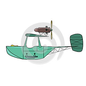 Turquoise retro gidroplane in cartoon style on white background