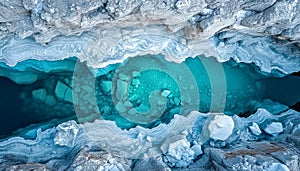 Turquoise River Flowing Through Snowy Cliffs in a Mountainous Region.Glacial meltwater river photo