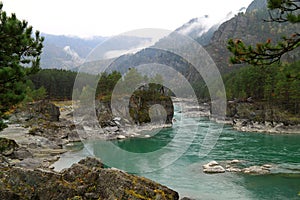 Turquoise river Katun in the autumn on Altai