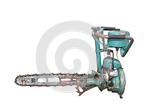 Turquoise rusty industrial chainsaw isolated on a white background