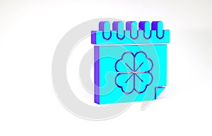 Turquoise Saint Patricks day with calendar icon isolated on white background. Four leaf clover symbol. Date 17 March