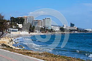 Turquoise sea and coastline on a bright sunny day. Travel to the island of Cyprus, Limassol photo
