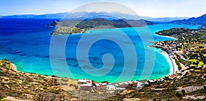 Turquoise sea and view of Spinalonga island. Crete, Greece