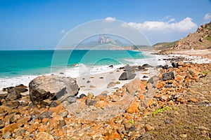 Turquoise sea white sand and rocky under sunshine very beautiful