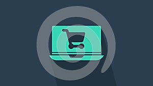 Turquoise Shopping cart on screen laptop icon isolated on blue background. Concept e-commerce, e-business, online