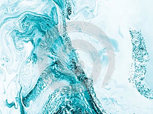 Turquoise with silver creative abstract hand painted background, marble texture