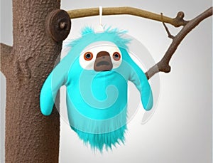 turquoise sloth with a shock of hair atop its head hangs sleepily from a tree. Cute creature. AI generation photo