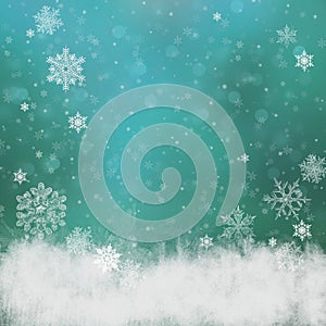 Turquoise snow background blue. Christmas snowfall with defocused flakes. Winter concept with falling snow. Holiday texture and