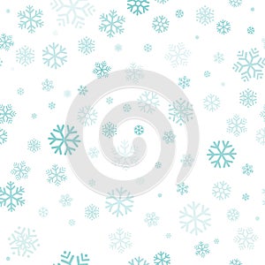 Turquoise snowflakes seamless pattern, white background. Flying snow. Winter abstract Christmas and new year backdrop. Vector