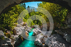 Turquoise Soca river in the green forest near Bovec, Slovenia