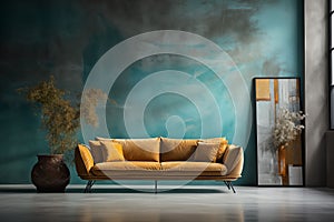 Turquoise sofa near window against concrete wall with copy space. AI generate