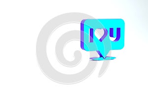 Turquoise Speech bubble with text I love you icon isolated on white background. Valentines day. Minimalism concept. 3d