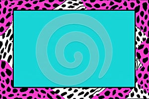 a turquoise square frame with pink and black spots