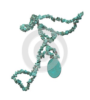 Turquoise stone rock bead style necklet fly in air. blue turquoise color bead necklace as gemstone for fashion ornament